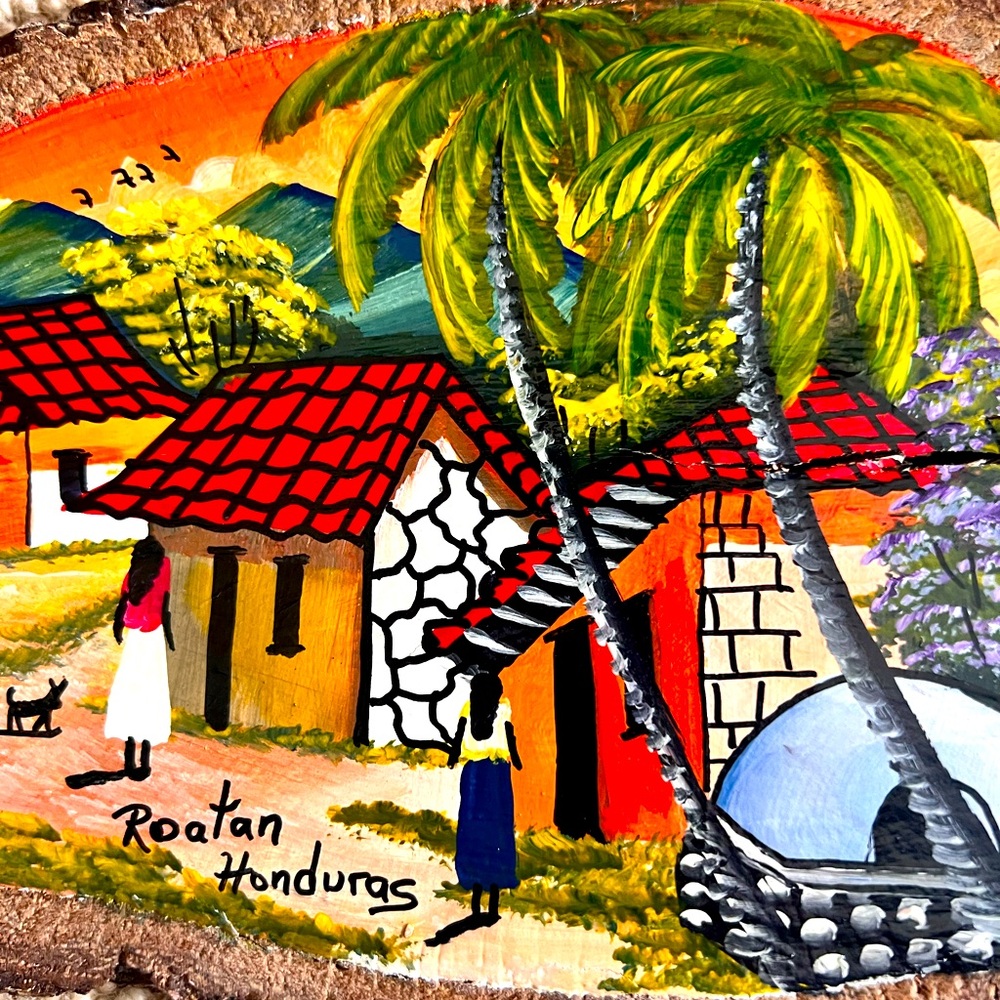 Original Folk Art Painting Roaton Honduras On Wood Slab 10 X 6 Inches